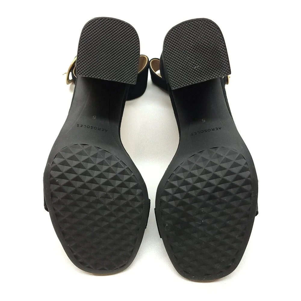 Aerosoles Landon Dress Shoe 5 M‎ Black Suede Square Toe Ankle Strap Sandal Heels